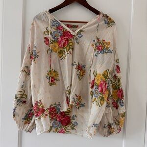 Floral V-Neck Blouse in White with Pink & Yellow Blooms